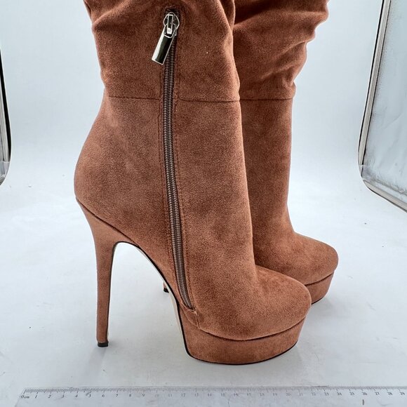 Brown Suede Platform Stiletto Heel Side Zipper Slouchy Stretchy Knee High Boots - Picture 3 of 6